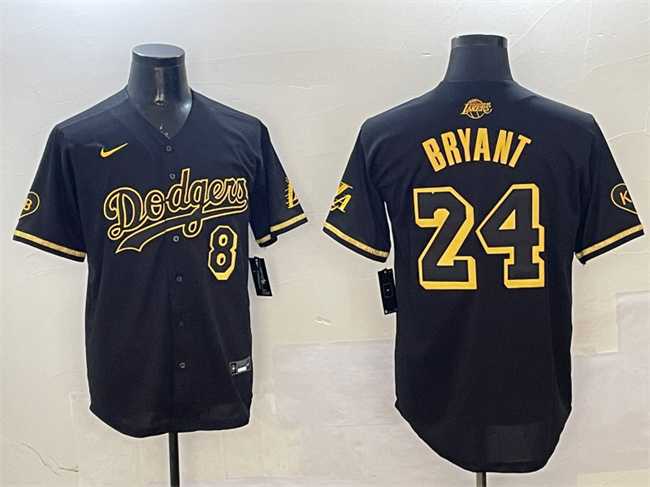 Mens Los Angeles Dodgers Front #8 Back #24 Kobe Bryant Black Gold Stitched Jersey